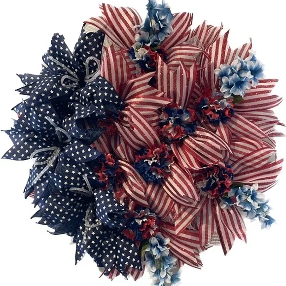 American Flag Ribbon Wreath -July 4th-Ribbons - Summer Wreath Light weigh